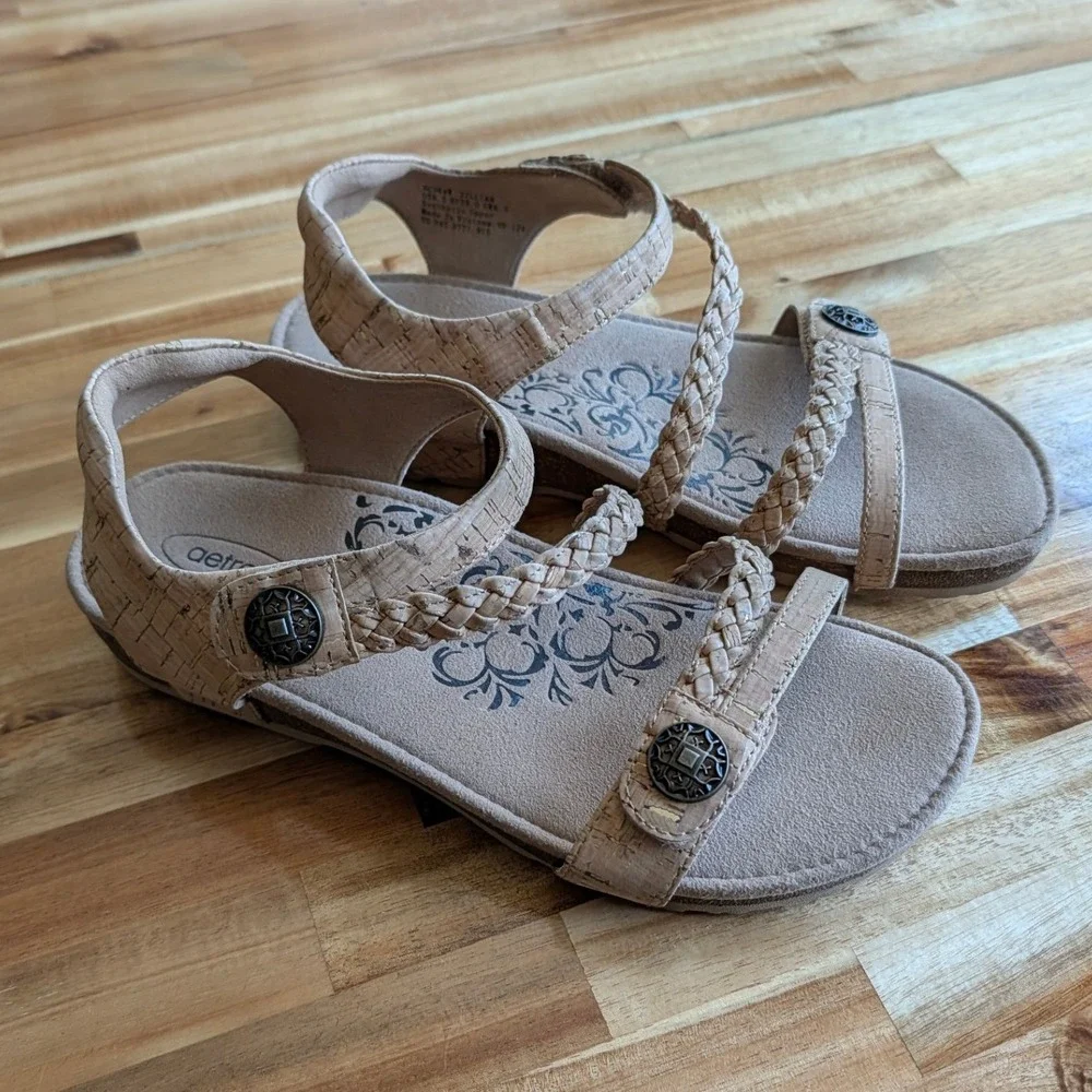 Aetrex Jillian Cork Wedge Sandals L Braided Straps Orthotic Comfort Size 8.5 NEW